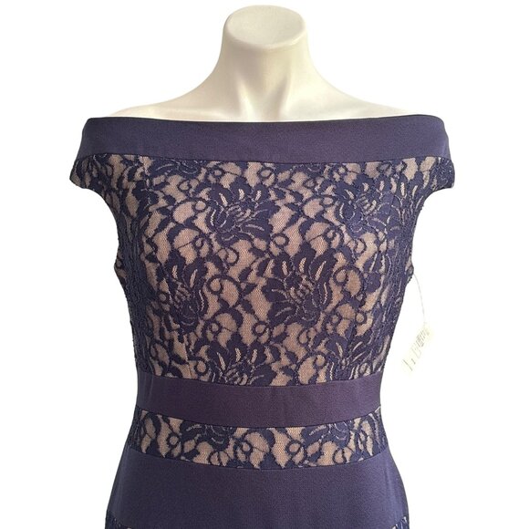 Jax NWT $119 Navy Lace Overlay Sheath Dress Off-Shoulder Neckline Women's Size 8 - Picture 2 of 10